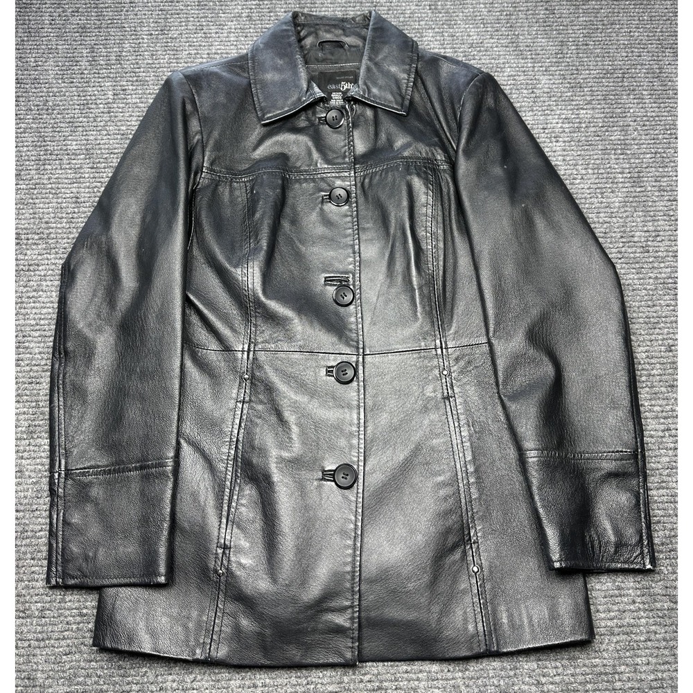 East 5th Leather Coat Womens Petite Small Black Button Front Mid Length Lined